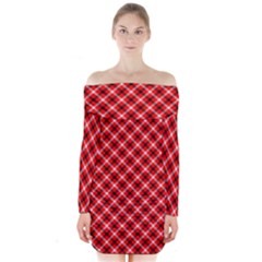 Three Color Tartan, Red Grey, Black Buffalo Plaid Theme Long Sleeve Off Shoulder Dress by Casemiro