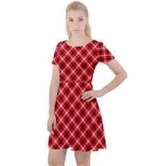 Three Color Tartan, Red Grey, Black Buffalo Plaid Theme Cap Sleeve Velour Dress  by Casemiro