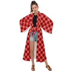 Three Color Tartan, Red Grey, Black Buffalo Plaid Theme Maxi Kimono by Casemiro