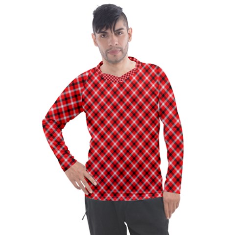 Three Color Tartan, Red Grey, Black Buffalo Plaid Theme Men s Pique Long Sleeve Tee by Casemiro