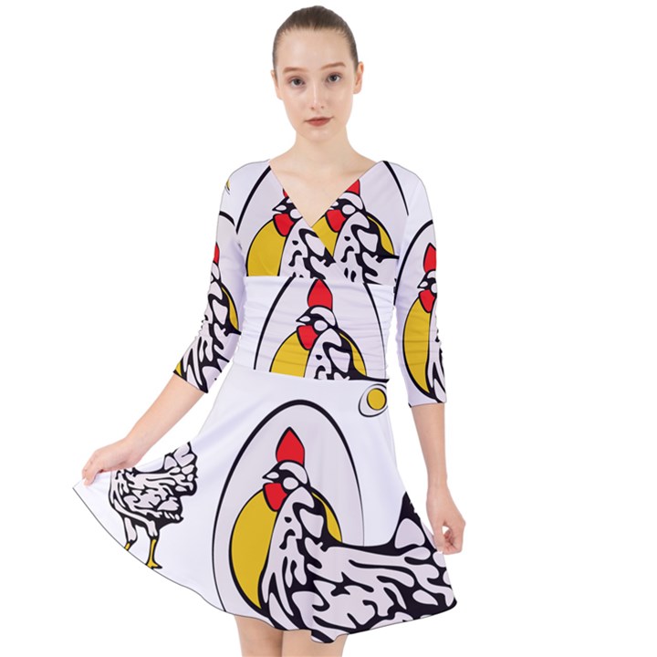 Roseanne Chicken, Retro Chickens Quarter Sleeve Front Wrap Dress