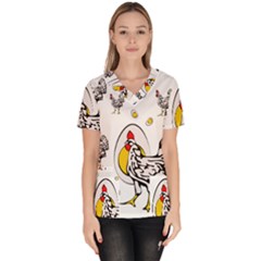 Roseanne Chicken, Retro Chickens Women s V-neck Scrub Top by EvgeniaEsenina