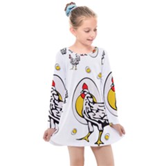 Roseanne Chicken, Retro Chickens Kids  Long Sleeve Dress by EvgeniaEsenina