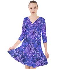 Vibrant Blue Flowers Pattern Motif Quarter Sleeve Front Wrap Dress