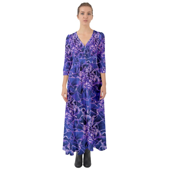 Vibrant Blue Flowers Pattern Motif Button Up Boho Maxi Dress