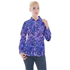 Vibrant Blue Flowers Pattern Motif Women s Long Sleeve Pocket Shirt