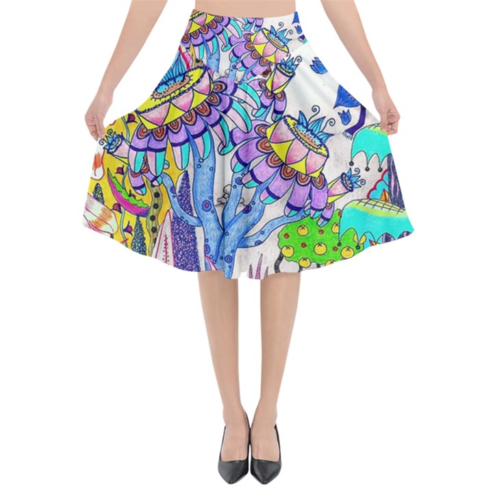 Mountain Abstract Flared Midi Skirt