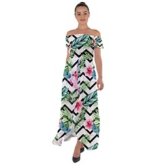 Tropical Zig Zag Pattern Off Shoulder Open Front Chiffon Dress by designsbymallika