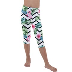 Tropical Zig Zag Pattern Kids  Lightweight Velour Capri Leggings 