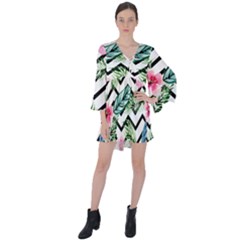 Tropical Zig Zag Pattern V-neck Flare Sleeve Mini Dress