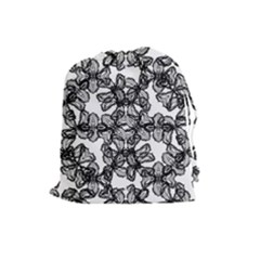 Stylized Botanical Motif Black And White Print Drawstring Pouch (large)