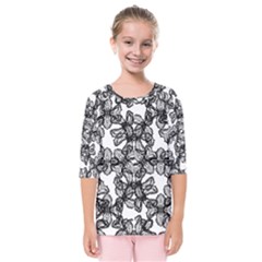 Stylized Botanical Motif Black And White Print Kids  Quarter Sleeve Raglan Tee