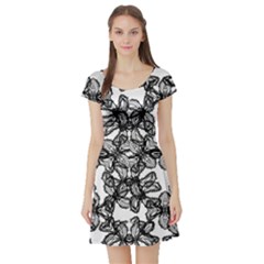 Stylized Botanical Motif Black And White Print Short Sleeve Skater Dress by dflcprintsclothing