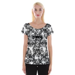 Stylized Botanical Motif Black And White Print Cap Sleeve Top by dflcprintsclothing