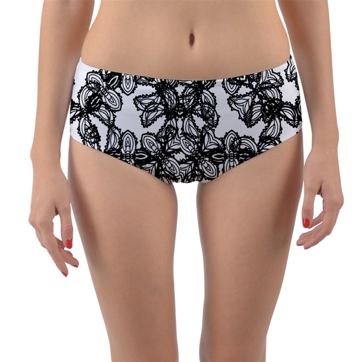 Stylized Botanical Motif Black And White Print Reversible Mid-Waist Bikini Bottoms