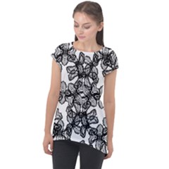 Stylized Botanical Motif Black And White Print Cap Sleeve High Low Top by dflcprintsclothing