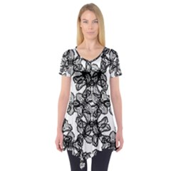 Stylized Botanical Motif Black And White Print Short Sleeve Tunic  by dflcprintsclothing