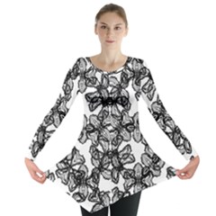 Stylized Botanical Motif Black And White Print Long Sleeve Tunic  by dflcprintsclothing