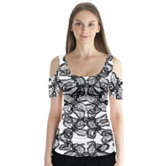 Stylized Botanical Motif Black And White Print Butterfly Sleeve Cutout Tee 