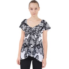 Stylized Botanical Motif Black And White Print Lace Front Dolly Top by dflcprintsclothing