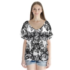 Stylized Botanical Motif Black And White Print V-neck Flutter Sleeve Top by dflcprintsclothing