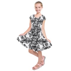 Stylized Botanical Motif Black And White Print Kids  Short Sleeve Dress