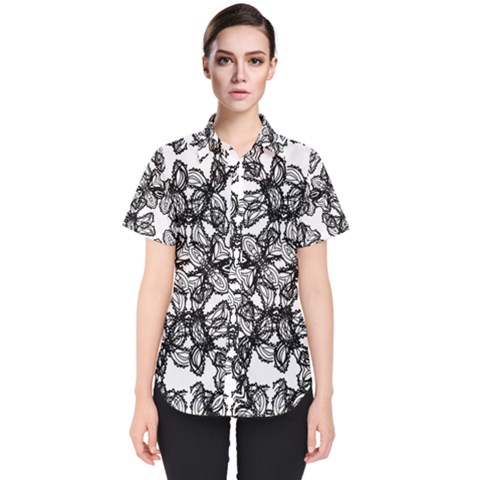 Stylized Botanical Motif Black And White Print Women s Short Sleeve Shirt by dflcprintsclothing