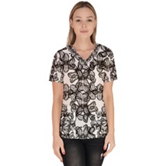 Stylized Botanical Motif Black And White Print Women s V-neck Scrub Top by dflcprintsclothing