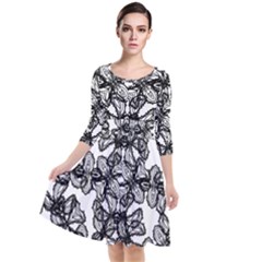 Stylized Botanical Motif Black And White Print Quarter Sleeve Waist Band Dress by dflcprintsclothing