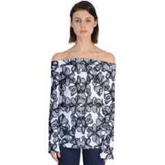 Stylized Botanical Motif Black And White Print Off Shoulder Long Sleeve Top by dflcprintsclothing