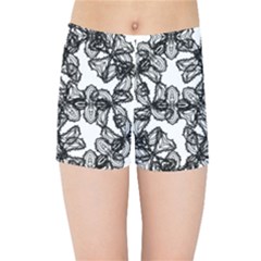 Stylized Botanical Motif Black And White Print Kids  Sports Shorts by dflcprintsclothing