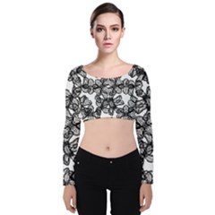 Stylized Botanical Motif Black And White Print Velvet Long Sleeve Crop Top by dflcprintsclothing