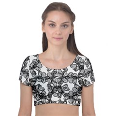 Stylized Botanical Motif Black And White Print Velvet Short Sleeve Crop Top  by dflcprintsclothing