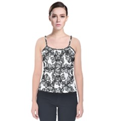 Stylized Botanical Motif Black And White Print Velvet Spaghetti Strap Top by dflcprintsclothing