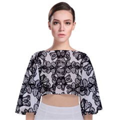 Stylized Botanical Motif Black And White Print Tie Back Butterfly Sleeve Chiffon Top by dflcprintsclothing