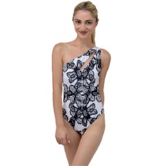 Stylized Botanical Motif Black And White Print To One Side Swimsuit by dflcprintsclothing