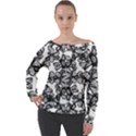 Stylized Botanical Motif Black And White Print Off Shoulder Long Sleeve Velour Top View1