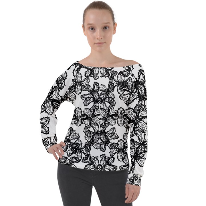 Stylized Botanical Motif Black And White Print Off Shoulder Long Sleeve Velour Top