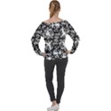 Stylized Botanical Motif Black And White Print Off Shoulder Long Sleeve Velour Top View2