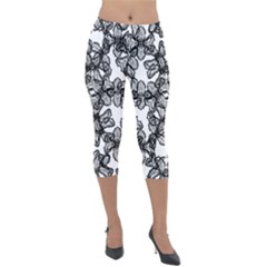 Stylized Botanical Motif Black And White Print Lightweight Velour Capri Leggings  by dflcprintsclothing