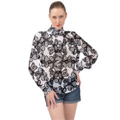 Stylized Botanical Motif Black And White Print High Neck Long Sleeve Chiffon Top by dflcprintsclothing