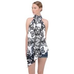 Stylized Botanical Motif Black And White Print Halter Asymmetric Satin Top by dflcprintsclothing