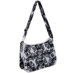 Stylized Botanical Motif Black And White Print Zip Up Shoulder Bag