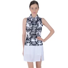 Stylized Botanical Motif Black And White Print Women s Sleeveless Polo Tee by dflcprintsclothing