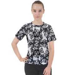 Stylized Botanical Motif Black And White Print Women s Sport Raglan Tee