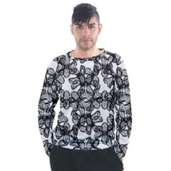 Stylized Botanical Motif Black And White Print Men s Long Sleeve Raglan Tee