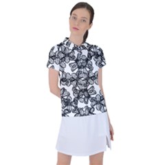 Stylized Botanical Motif Black And White Print Women s Polo Tee