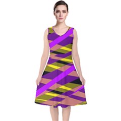 Abstract Geometric Blocks, Yellow, Orange, Purple Triangles, Modern Design V-neck Midi Sleeveless Dress  by Casemiro