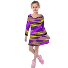 Abstract Geometric Blocks, Yellow, Orange, Purple Triangles, Modern Design Kids  Long Sleeve Velvet Dress