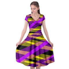 Abstract Geometric Blocks, Yellow, Orange, Purple Triangles, Modern Design Cap Sleeve Wrap Front Dress by Casemiro